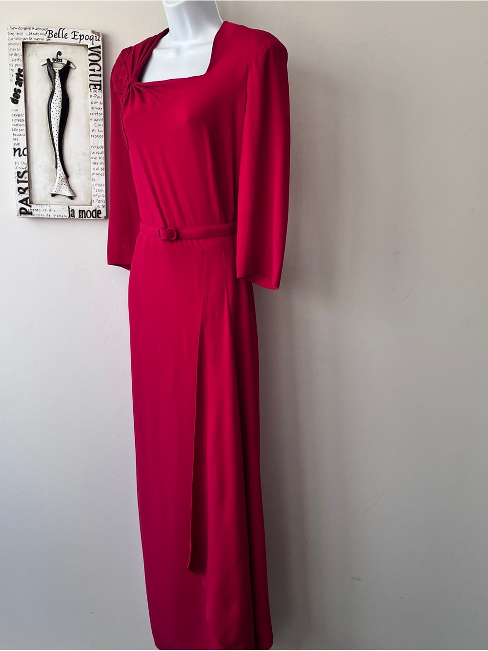 Women’s 80s Vintage Red Long Belted Wedding Guest Evening Wear Dress Size M - Picture 3 of 7